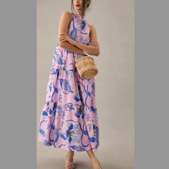 Anthropologie Maeve x Sarah Gordon tiered halter midi dress - size 4P - Picture 1 of 6